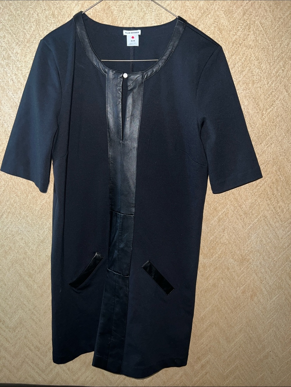 Club Monaco Black Short SleeveDress with Italian Leather Trim. Size M. New.
